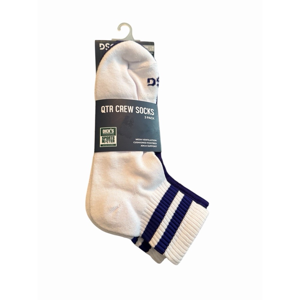 DSG Quarter Crew Socks 3 Pack White Purple Striped Men's Large 8-13‎ NWT